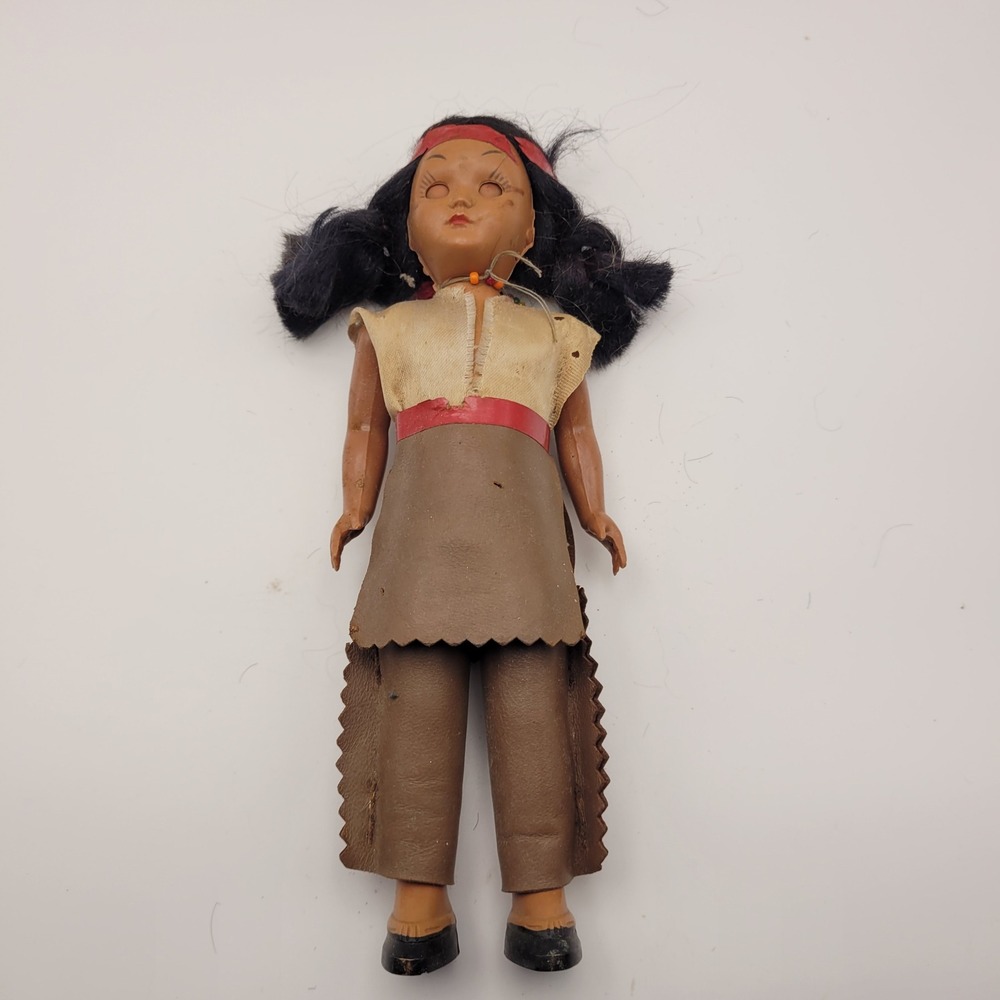 Vintage Native American Style Souvenir Doll Sleep Eyes Faux Leather Outfit 7in